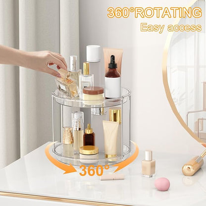 360 Rotating Makeup Organizer – 2 Tier Lazy Susan Turntable Organizer, Clear Bathroom Counter Organizer for Vanity, Spinning Skincare Perfume Tray for Bathroom, Dresser, Kitchen Cabinet