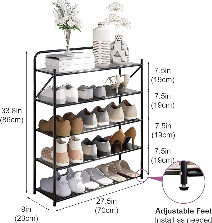 5 Tier No-Assembly Shoe Rack, Foldable Shoes Rack Organizer Without Installation, Portable Solid Metal Shoe Shelves for Closet, Entryway, Front Door Entrance