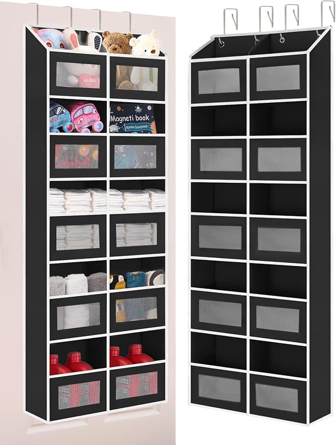 Over the Door Organizer Hanging- 10 Compartments, 80 lbs Load Behind Door Stuffed Animal Storage, Extra Large Toys Storage Organization for Bedroom, Bathroom, Nursery, Shoes, Diaper (black)