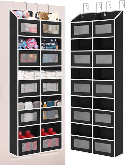Over the Door Organizer Hanging- 10 Compartments, 80 lbs Load Behind Door Stuffed Animal Storage, Extra Large Toys Storage Organization for Bedroom, Bathroom, Nursery, Shoes, Diaper (black)