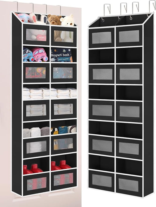 Over the Door Organizer Hanging- 10 Compartments, 80 lbs Load Behind Door Stuffed Animal Storage, Extra Large Toys Storage Organization for Bedroom, Bathroom, Nursery, Shoes, Diaper (black)