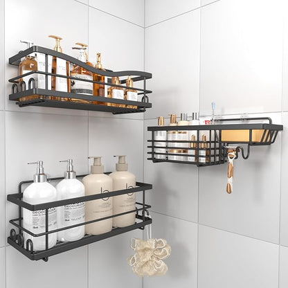 Youvip Shower Caddy, 3 Pack Large Capacity Bathroom Organizers and Storage, No Drilling Adhesive Rustproof Shelves with Soap Holder, Home Decor, Black