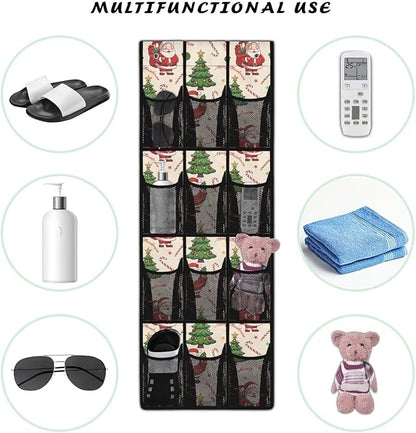 Christmas Shoe Organizer Over The Door for Living Room Christmas Tree Door Hanging Shoe Organizer with 12 Pockets,Mesh Fabric with 4 Metal Hook Wall Hanging Storage