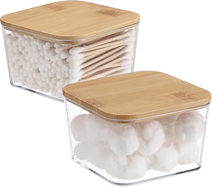 Hipiwe 2 Pcs Plastic Cotton Swab Organizer with Lid Clear Apothecary Jars Bathroom Accessories Dispenser Set Square Storage Canister for Cotton Balls Pads Floss Picks