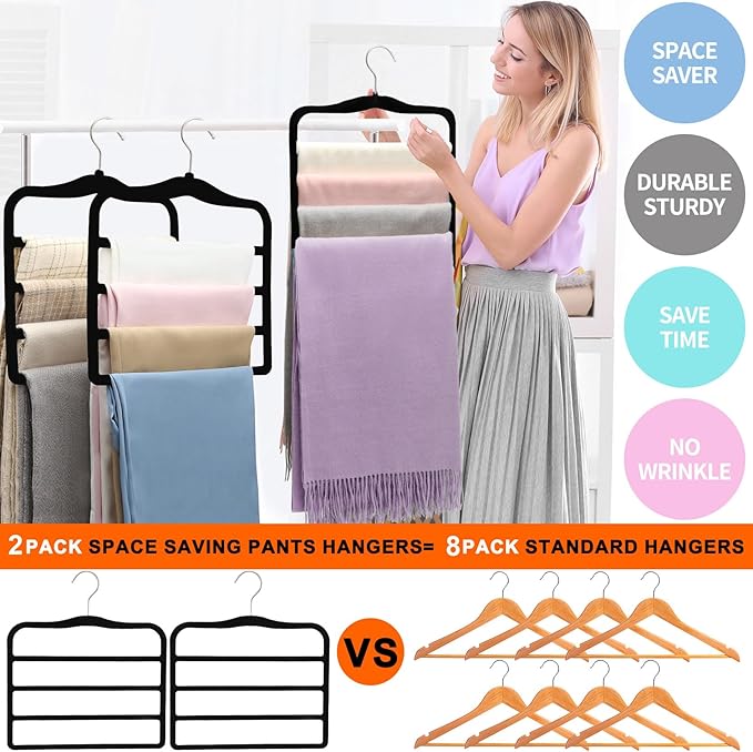 2-Pack Velvet Pants Hangers - Space Saving Multi-Layer Non-Slip Closet Organizers for Jeans, Trousers & Scarves - Ideal Dorm Room Storage Solution for Small Spaces