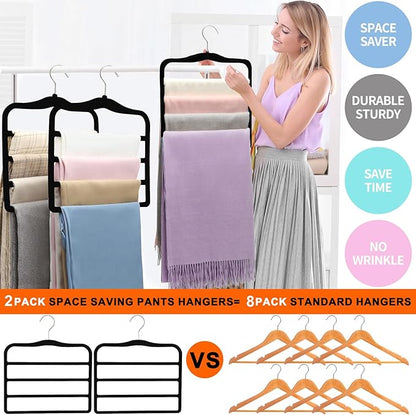 2-Pack Velvet Pants Hangers - Space Saving Multi-Layer Non-Slip Closet Organizers for Jeans, Trousers & Scarves - Ideal Dorm Room Storage Solution for Small Spaces