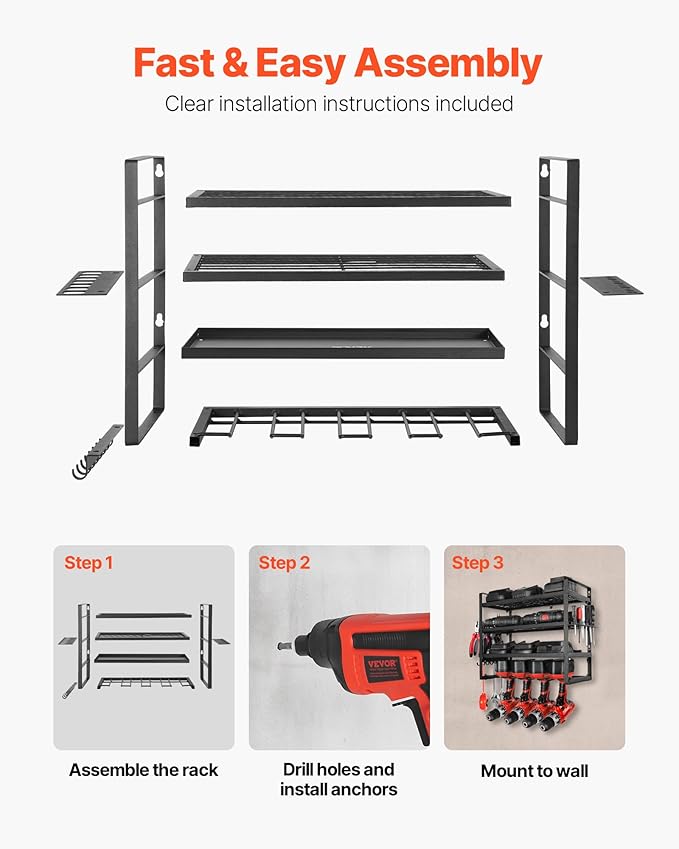 VEVOR Power Tool Organizer Wall Mount, 4-Layer Storage Rack with 4 Drill Holders, Tools Holder and Storage Rack with Screwdriver Holder, Garage Tool Organizer for Garage, Workbench, and Workshop