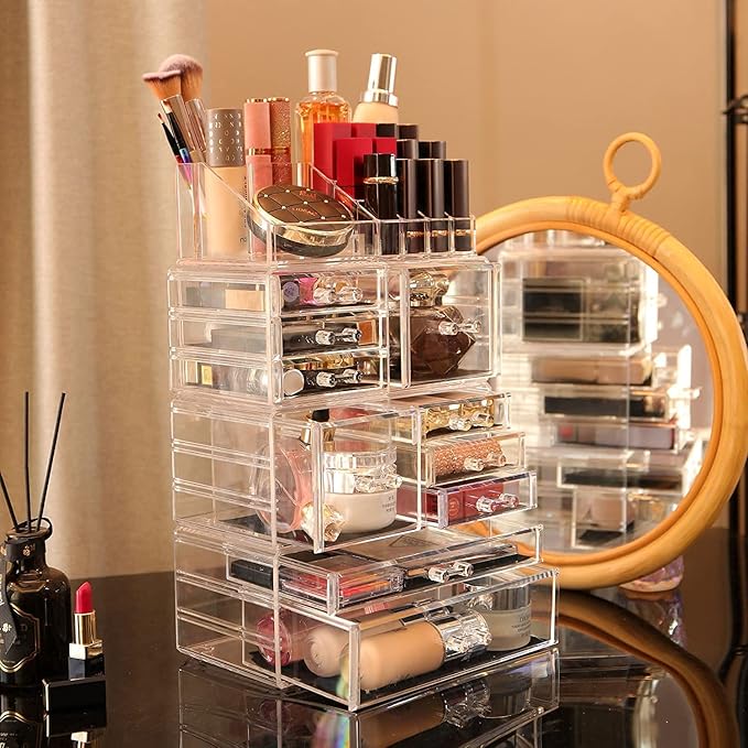 Cq Acrylic 4 Pack Clear Makeup Storage, Stackable 10 Drawer Organizer for Vanity, Jewelry, Hair Clip, Beauty & Skincare Products