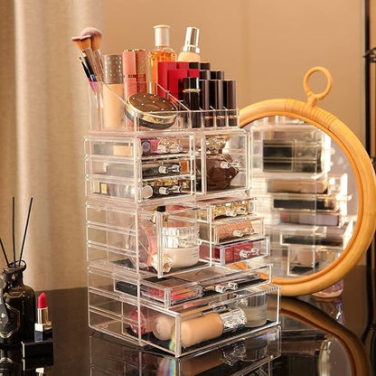 Cq Acrylic 4 Pack Clear Makeup Storage, Stackable 10 Drawer Organizer for Vanity, Jewelry, Hair Clip, Beauty & Skincare Products