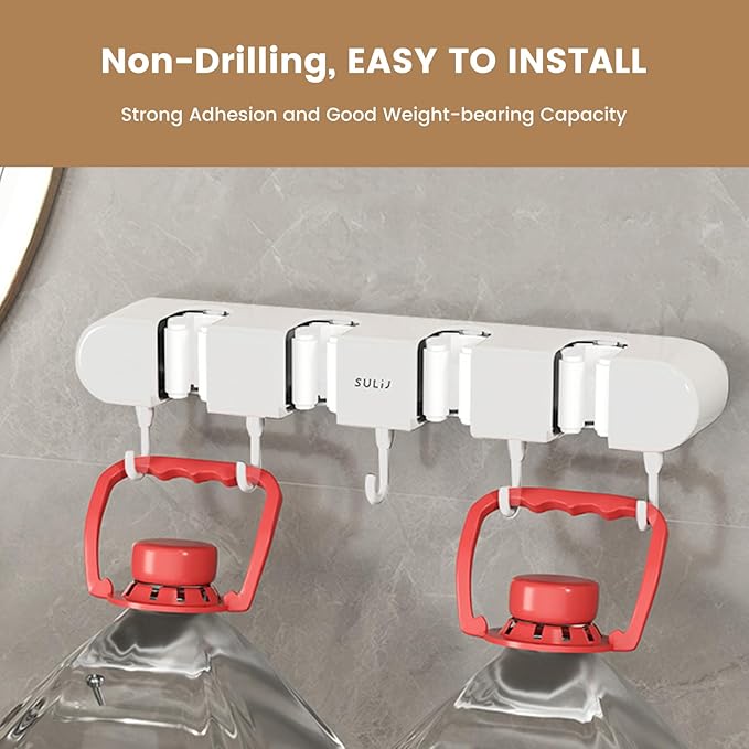 2Pcs Broom Holder Wall Mount, No-Drilling Self-Adhesive Mop and Broom Storage Rack with Hooks (4 Racks with 5 Hooks), Wall-Mounted Broom Hanger for Bathroom, Kitchen, Closet, Garage (White ﻿)