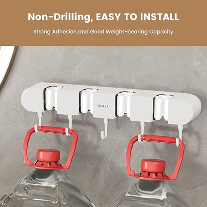 2Pcs Broom Holder Wall Mount, No-Drilling Self-Adhesive Mop and Broom Storage Rack with Hooks (4 Racks with 5 Hooks), Wall-Mounted Broom Hanger for Bathroom, Kitchen, Closet, Garage (White ﻿)