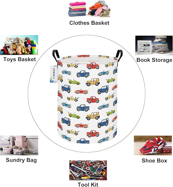 Round Car Themed Laundry Basket,Collapsible Laundry Hamper for Boys,Cute Vehicle Truck Print Storage Bin,Waterproof Toy Storage for Kids Room,Nursery,Playroom,New Parent Gift (Car)