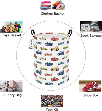 Round Car Themed Laundry Basket,Collapsible Laundry Hamper for Boys,Cute Vehicle Truck Print Storage Bin,Waterproof Toy Storage for Kids Room,Nursery,Playroom,New Parent Gift (Car)