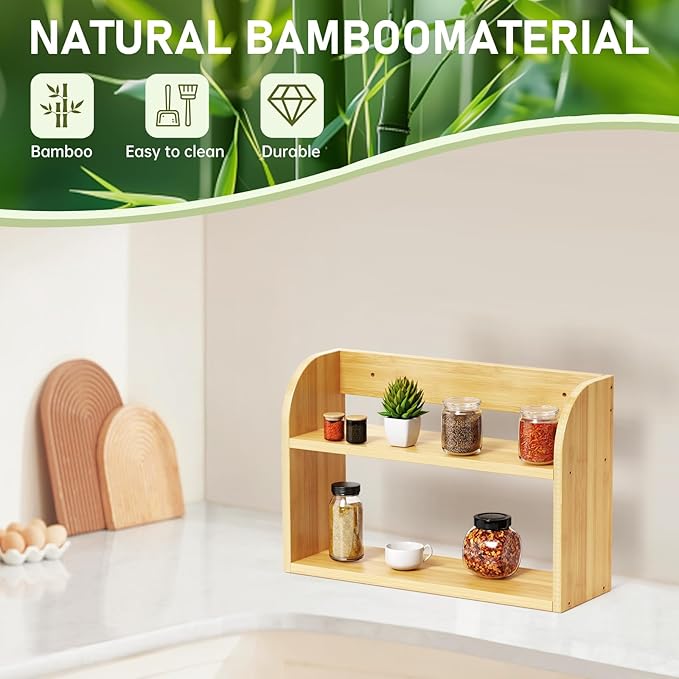 ROMGUAR CRAFT 2 Tier Bamboo Spice Rack, Countertop or Wall Mounting Wood Spice Jars Organizer Shelf for Kitche, Pantry (Natural)