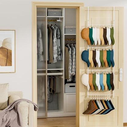HapiRm Over Door Hat Organizer - 4 Tier Wall Mounted Hat Rack with 24 Hooks and 10 Movable Clips, Hanging Baseball Cap Organizer Storage Holds to 34 Caps for Door, Bedroom, Closet(White)