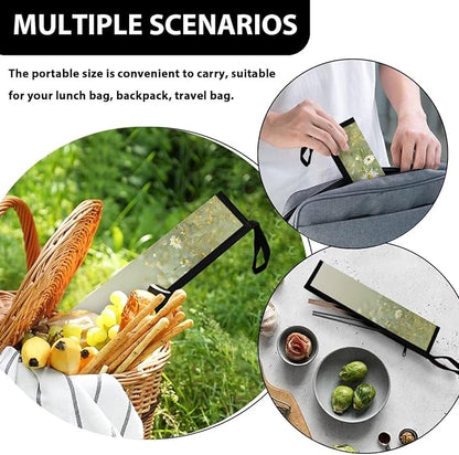 Portable Tableware Carrier Pouch Cutlery Bag Silverware Organizer Accessories for Travel Camp Party, Daisy Field Green