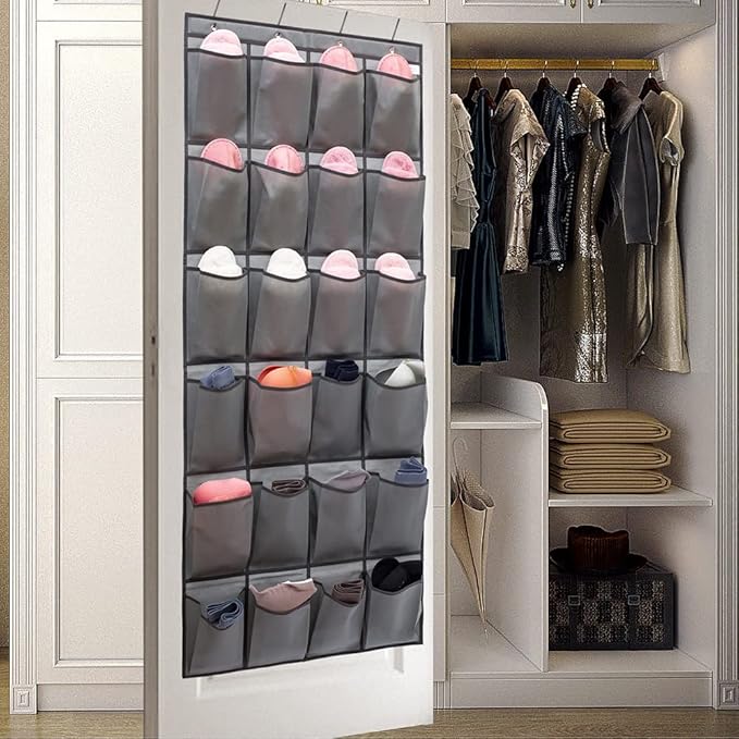Over The Door Hanging Shoe Organizer Shoe Rack Hanger 24 Large Fabric Pockets Holder with 4 Sturdy Hooks (GREY)