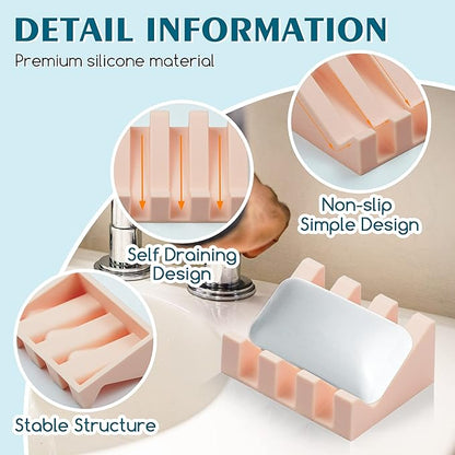 2 Pack Self Draining Silicone Soap Dish with Suction Cups - Non-Slip Bar Soap Holder for Shower & Kitchen, Waterfall Tray Keeps Soap Dry, Easy Clean, Extends Soap Life (Grey-Pink)