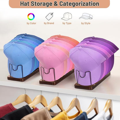 Hat Organizer for Baseball Caps, Hat Rack Stand for 20 Hats Wood Metal Hat Holder Storage Baseball Cap Organizer for Closet Dresser Desk (Brown, 2 Packs)