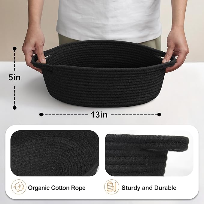 MEGASKET Black Woven Basket, 13” x 9” x 5” Cute Dog Toy Basket, Soft Cotton Rope Storage Box, Cat Toy Bin, Baskets for Gifts Empty, Small Baskets for Organizing, Decorative Basket