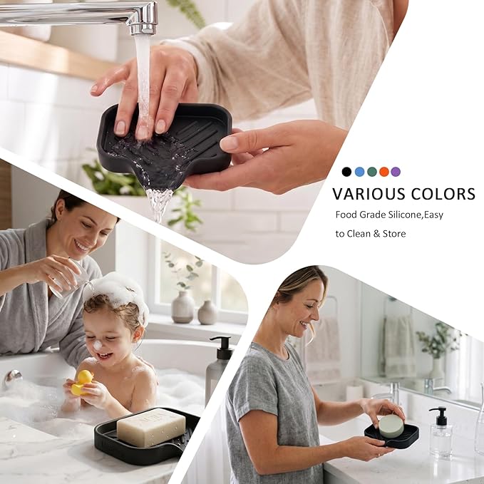 MicoYang Silicone Bathroom Soap Dishes with Drain Spout-Bathroom and Kitchen Sink Organizer,Sponge Holder,Dish Soap Tray,Perfect for Dispenser,Scrubber,Bottle,Cup on Sink or Counter-Black 4.9"×3.2"