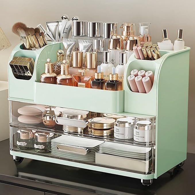 Makeup Organizer with Drawers for Vanity,Bathroom Countertop Organizer with Brushes Holder,Skincare Storage Organizer for Lipsticks,Nail Polishes, Perfumes,Eyeshadow Palettes (Green)