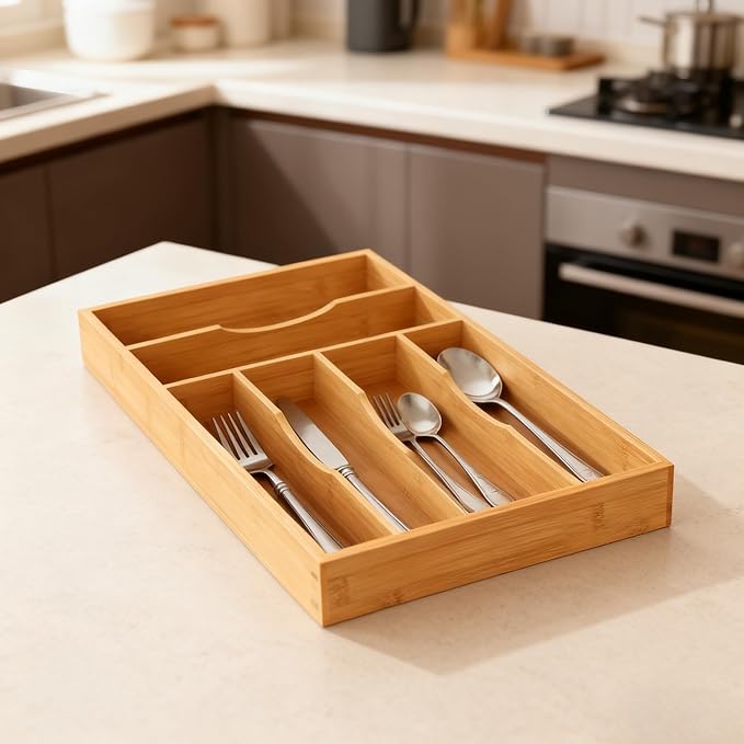 Bamboo Silverware Organizer, Bamboo Kitchen Drawer Cutlery Organizer, Utensil Holder, Flatware Organizer Tray (15.8"x9.5"x1.6")