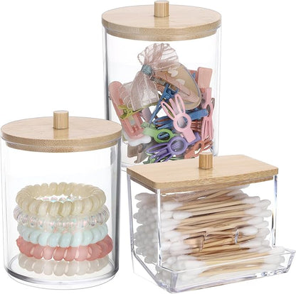 Hipiwe 3 Pack Acrylic Bathroom Apothecary Jar Clear Qtip Holder Dispenser with Lid Plastic Canister Set Bathroom Accessories Storage Organizer for Cotton Round Floss Picks
