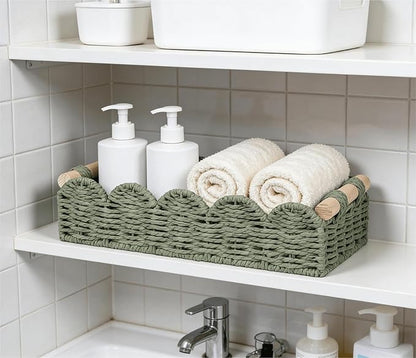 CubesLand Toilet Paper Storage Basket Organizer, Small Wicker Toilet Tank Top Decorative Baskets for Countertop, Handwoven Scalloped Basket w/handle for Home Decor, Living Room, Bedroom, Green