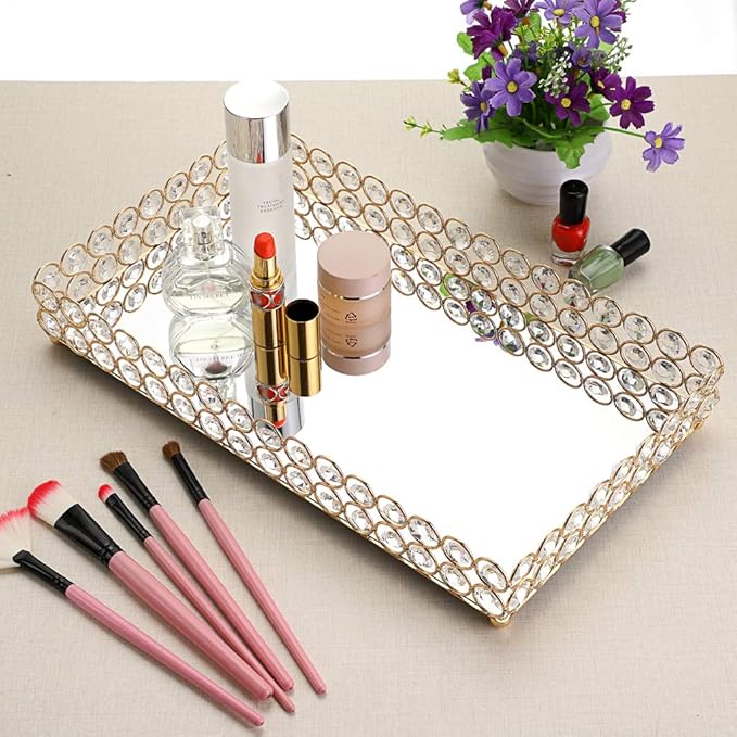 Hipiwe Crystal Cosmetic Vanity Tray, Mirrored Decorative Jewelry Organizer Tray for Perfume, Trinket, Makeup Display Dresser Home Decor (Large, Golden)