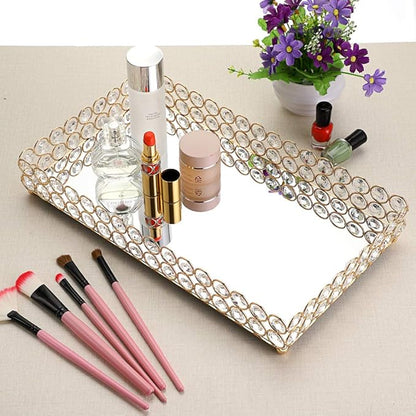 Hipiwe Crystal Cosmetic Vanity Tray, Mirrored Decorative Jewelry Organizer Tray for Perfume, Trinket, Makeup Display Dresser Home Decor (Large, Golden)