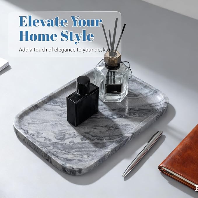 Koville Marble Tray, 12"x8" Natural Marble Vanity Tray for Countertop Bathroom Kitchen Dresser, Decorative Marble Catchall Trays for Perfume Jewelry(Grey)
