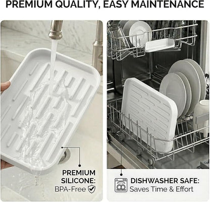 Silicone Organizer Tray, Soap and Sponge Holder for Kitchen Sink, Bathroom - Storage Tray for Dish Brush, Soap Dispenser, Dishwashing Accessories-(White 1 Pack, 10"x5.3")
