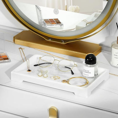 Luxspire Resin Vanity Tray, Bathroom Toilet Tank Storage Tray, 10.03 x 5.9 in Kitchen Sink Trays Decorative Serving Tray, Vanity Countertop Organizer for Makeup Towel Perfume Holder, M, White Marble