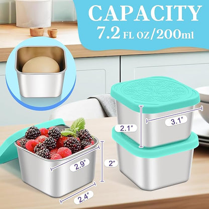 Qukaka Stainless Steel Snack Containers for Kids,7.2oz Easy Open Leak Proof Reusable Snack Box Container with Lids,Small Lunch Containers for Meal Prep,School,Picnic and Travel-3Pack