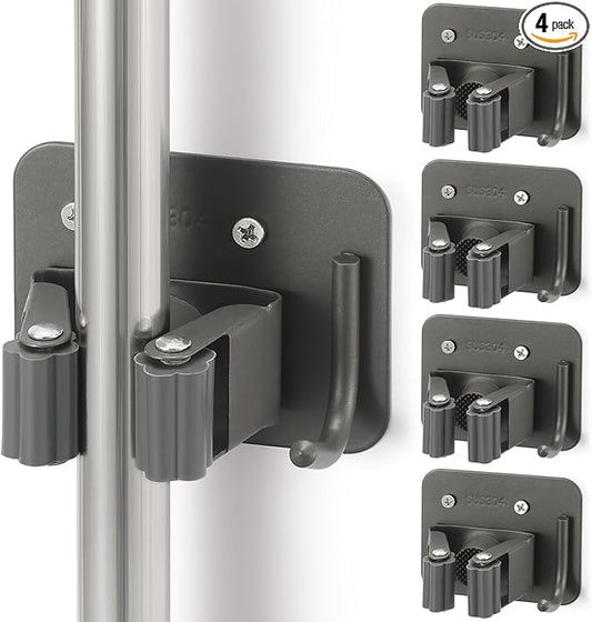 Broom Holder Wall Mount Screw Drilling, Sturdy Heavy Duty Stainless Steel Mop Gripper Rack Perforated, Perfect for Laundry Room Organizer, Fit with Laundry Kitchen Garage Garden Storage System