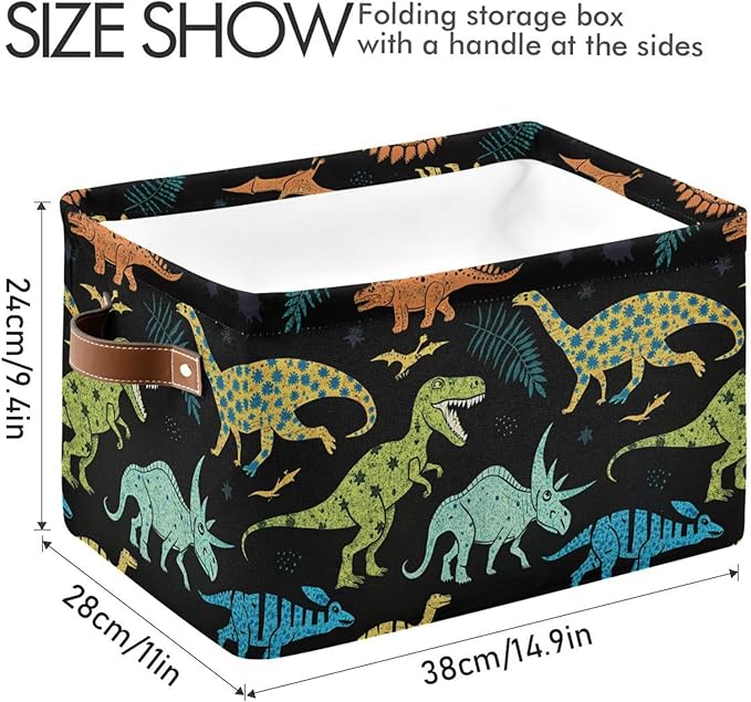 Dinosaur Pattern Storage Basket Bin, Large Cube Storage Box Canvas Collapsible Storage Organizer for Home Office Closet - 15 L x 11 W x 9.5 H