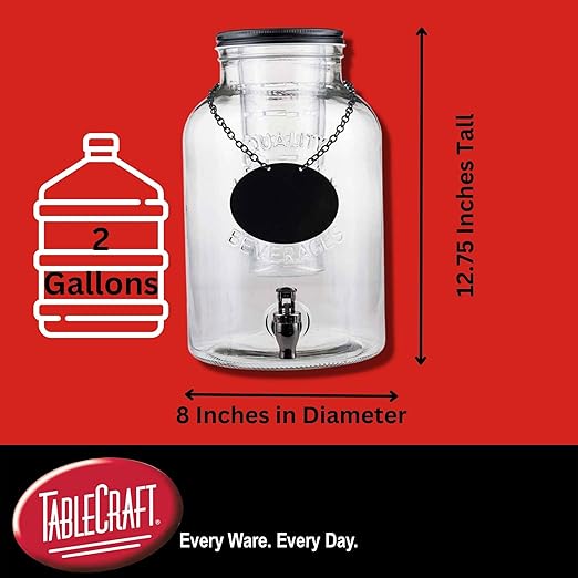 Tablecraft Industrial Collection Glass Beverage Dispenser, 2 gal, Includes Ice Core & Infuser, 8x10x12.75, Chalkboard Necklace