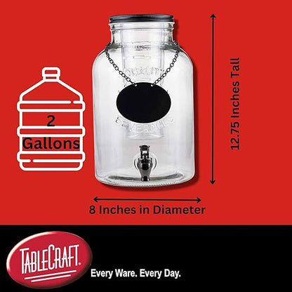 Tablecraft Industrial Collection Glass Beverage Dispenser, 2 gal, Includes Ice Core & Infuser, 8x10x12.75, Chalkboard Necklace