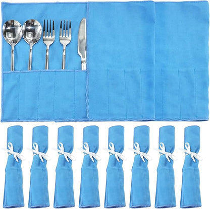 ikaufen 8/10Pcs Silver Storage Bags Anti Tarnish Flannel Protector Bags Blue Holder for Silverware Flatware Storage Organizer Silver Storage Cloth White Ribbon for Kitchen Utensils (10 Pcs)