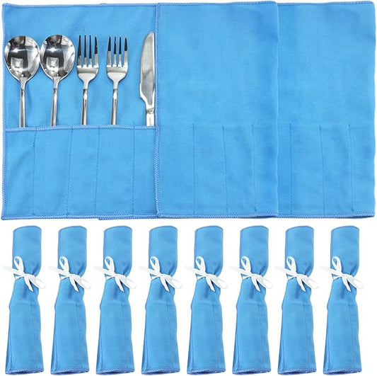 ikaufen 8/10Pcs Silver Storage Bags Anti Tarnish Flannel Protector Bags Blue Holder for Silverware Flatware Storage Organizer Silver Storage Cloth White Ribbon for Kitchen Utensils (10 Pcs)