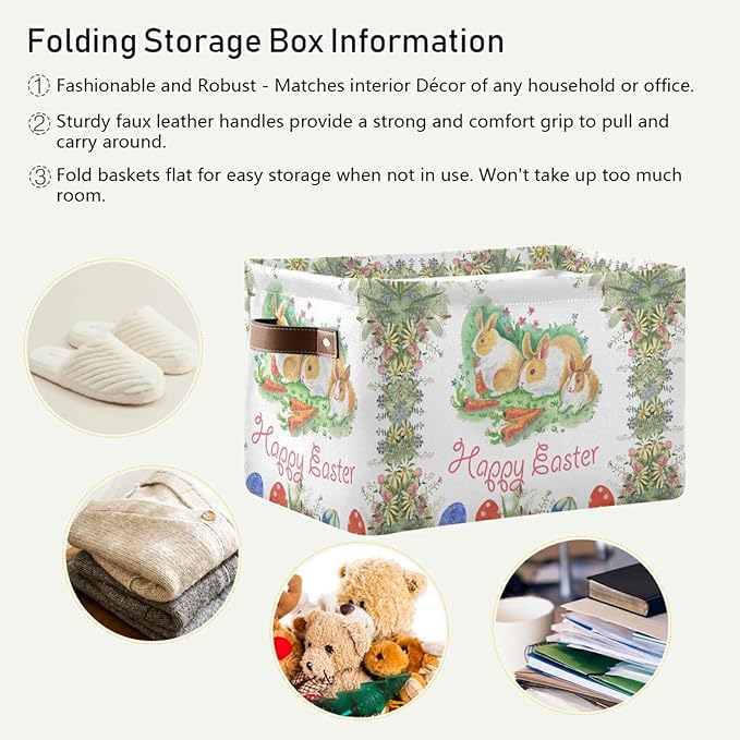 Large Storage Basket Happy Easter Bunny Rabbit Egg Floral Foldable Storage Box Organizer Bins with Handles for Bedroom Home Office