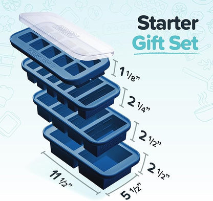 Souper Cubes Silicone Freezer Molds Gift Set with 2 Tbsp, 1/2, 1, and 2 Cup Silicone Freezer Trays With Lids - Meal Prep and Kitchen Essentials Bundle - Blueberry