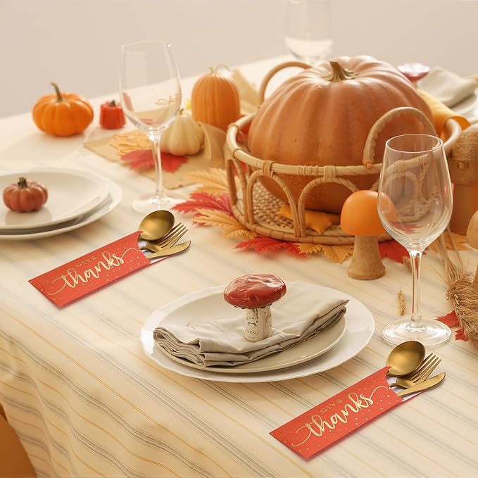 Eaasty 100 Pcs Thanksgiving Utensil Holder, Gold Foil Give Thanks Silverware Bag Disposable Silverware Sleeves Cutlery Holder for Thanksgiving Table Decoration Fall Harvest Party Supplies(Orange)