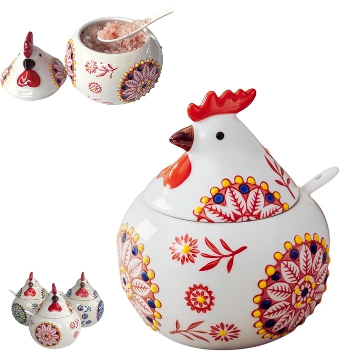 13.5 Oz Salt Cellar With Lid and Spoon (Red)- Ceramic Chicken Spice Jars for Salt, Sugar, Pepper - Spice Containers for Countertop