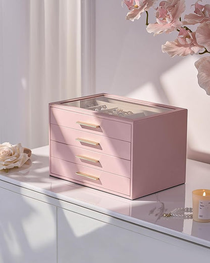 pickpiff Jewelry Box Organizer Case for Women: 4-Layer Jewelry Storage Case with Glass Window, Pink Leather with Velvet Holder for Ring Necklace Bracelet Brooch Watch, Great Gift for Her