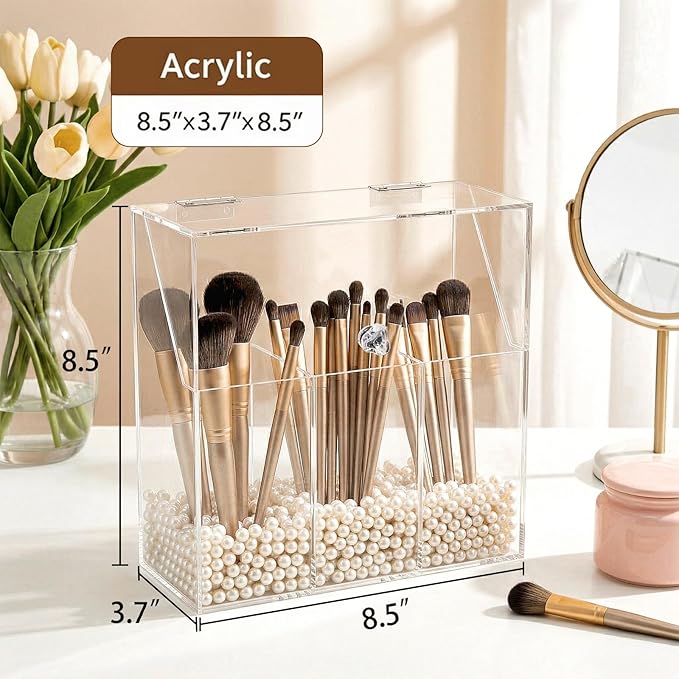 Okllen Makeup Brush Holder with Dustproof Lid, White Pearls, Acrylic Clear Makeup Brush Organizer with 3 Compartment, Large Cosmetic Brush Storage Box Case for Vanity, Bathroom, Bedroom
