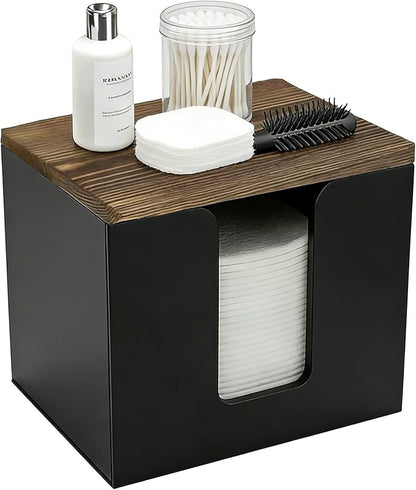 Disposable Face Towel Holder,Acrylic Facial Towel Holder Box with Wooden Lid,Square Face Towels Container,Clean Skin Club Fac e Towels Holder,for Bathroom Countertop,Vanity Makeup（Black）