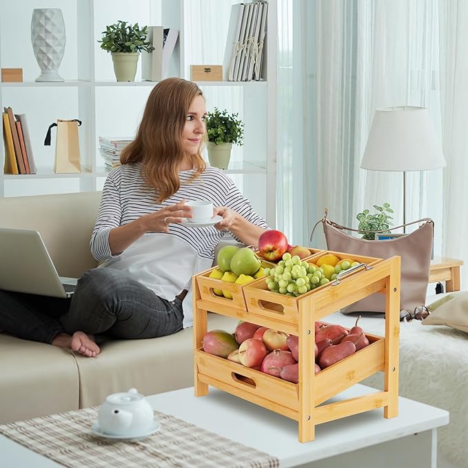 2-Tier Stackable Can Rack Organizer for Pantry, Fruit Basket, 2 Tier Bamboo Fruits Basket Stand for Kitchen Countertop, Tray Suitable for Bread, Vegetables, Produce