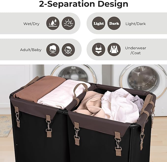 StorageWorks 280L Large Laundry Hamper with Wheels, Laundry Basket with Wheels 2 Sections, Clothes Sorter Cart with Divider for Hotel, Home, Black, 1-Pack
